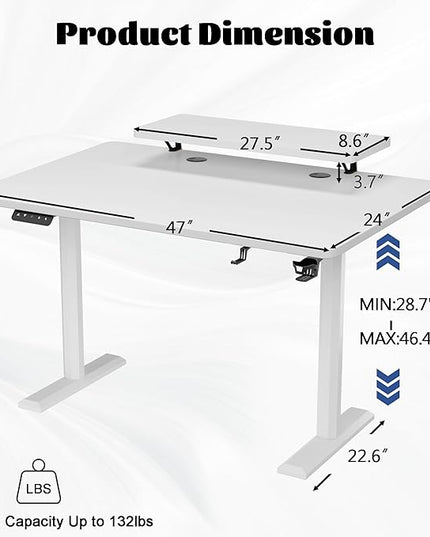 Electric Standing Desk with Monitor Shelf, 47 x 24 Inches Height Adjustable Corner Table, Computer Workstation with Cup Holder and Hook for Home Office, White, 47x24 Inch - LeafyLoom