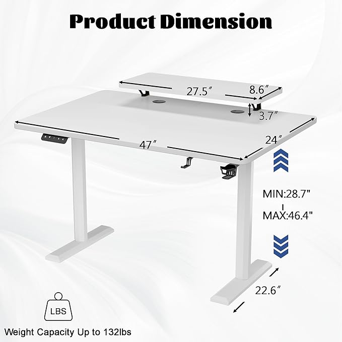 Electric Standing Desk with Monitor Shelf, 47 x 24 Inches Height Adjustable Corner Table, Computer Workstation with Cup Holder and Hook for Home Office, White, 47x24 Inch - LeafyLoom