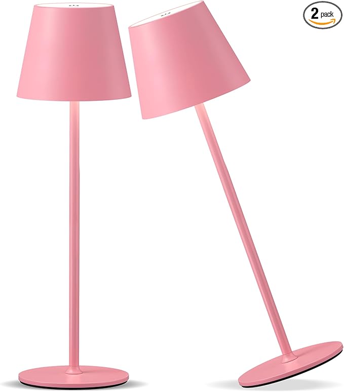 Cordless Rechargeable Table Lamp Set of 2, 5000mAh Battery Powered LED Desk Lamps, 3 Color Stepless Dimming Up, Portable Table Light Lamp for Bedroom Restaurant Outdoor (Pink) - LeafyLoom
