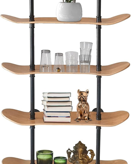 Industrial Shelves - 4 Tier Industrial Decor Pipe Bookcase Using 7 Ply Skateboard Decks - Natural Wood Stain Finish - Perfect Bathroom Wall Decor, Book Shelf for Skateboard Enthusiasts - LeafyLoom