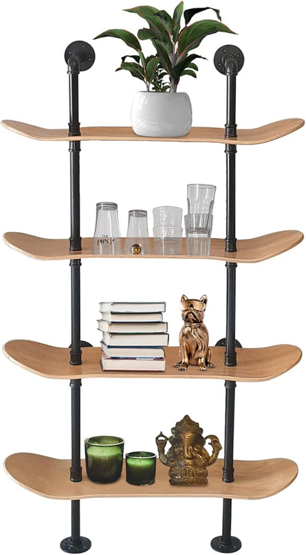 Industrial Shelves - 4 Tier Industrial Decor Pipe Bookcase Using 7 Ply Skateboard Decks - Natural Wood Stain Finish - Perfect Bathroom Wall Decor, Book Shelf for Skateboard Enthusiasts - LeafyLoom