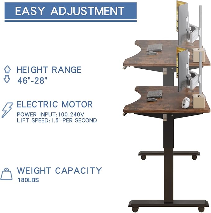 Mobile Rolling Electric Standing Desk Height Adjustable, 55 x 30 Inches Sit to Stand Desk with Splice Board, Black Frame/Rustic Brown Top - LeafyLoom