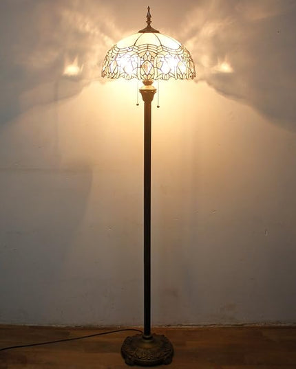 WERFACTORY Tiffany Floor Lamp Crystal Bead White Stained Glass Standing Reading Light 16X16X64 Inches Antique Pole Corner Lamp Decor Bedroom Living Room Home Office S508W Series - LeafyLoom