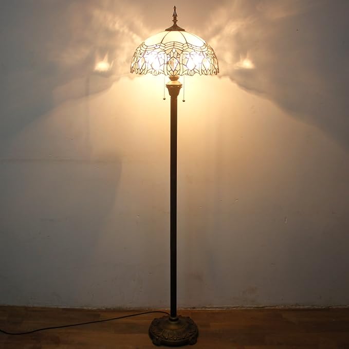 WERFACTORY Tiffany Floor Lamp Crystal Bead White Stained Glass Standing Reading Light 16X16X64 Inches Antique Pole Corner Lamp Decor Bedroom Living Room Home Office S508W Series - LeafyLoom