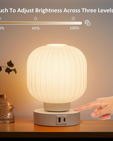 Touch Bedside Table Lamp - Small Table Lamps,3 Way Dimmable with USB C+A Charging Ports - Bedroom Nightstand & Living Room Essential, 6W Bulb Included - LeafyLoom