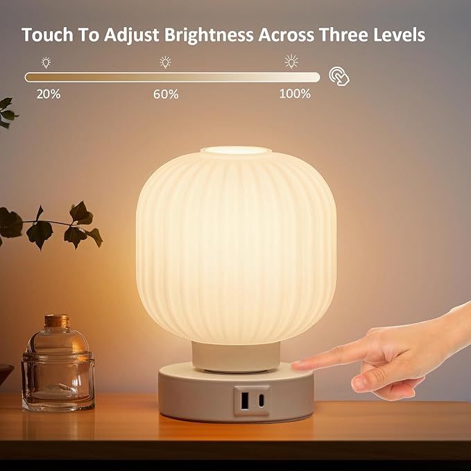 Touch Bedside Table Lamp - Small Table Lamps,3 Way Dimmable with USB C+A Charging Ports - Bedroom Nightstand & Living Room Essential, 6W Bulb Included - LeafyLoom