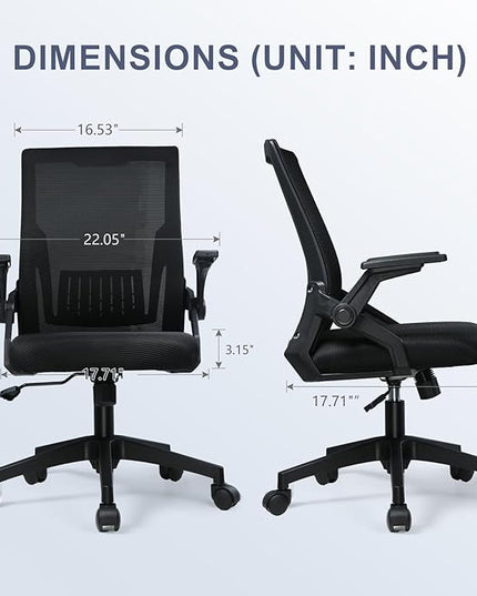 COMHOMA Office Chair with Flip-up Armrests Ergonomic Computer Desk Chair Foldable Mesh Task Chair with Wheels Adaptive Lumbar Support Swivel Tilt Comfortable Study Chair for Student, Black - LeafyLoom