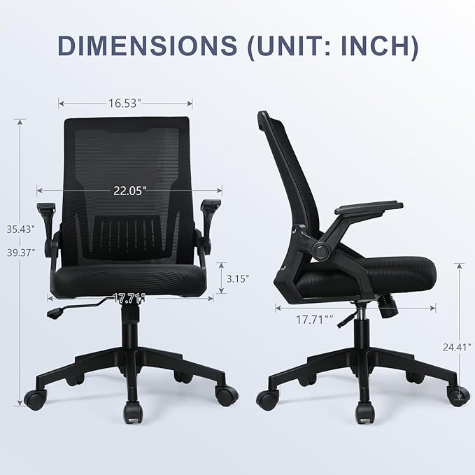 COMHOMA Office Chair with Flip-up Armrests Ergonomic Computer Desk Chair Foldable Mesh Task Chair with Wheels Adaptive Lumbar Support Swivel Tilt Comfortable Study Chair for Student, Black - LeafyLoom