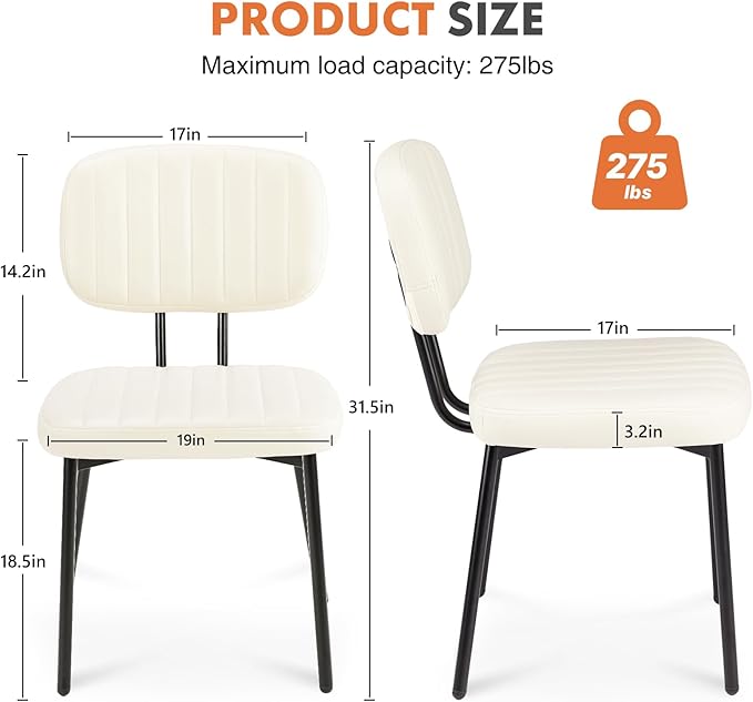 Sweetcrispy Dining Chairs Set of 2, Upholstered Mid Century Modern Kitchen Dining Room Accent Chairs with Faux Leather Cushion Seat & Metal Legs for Kitchen, Living Room - Cream - LeafyLoom