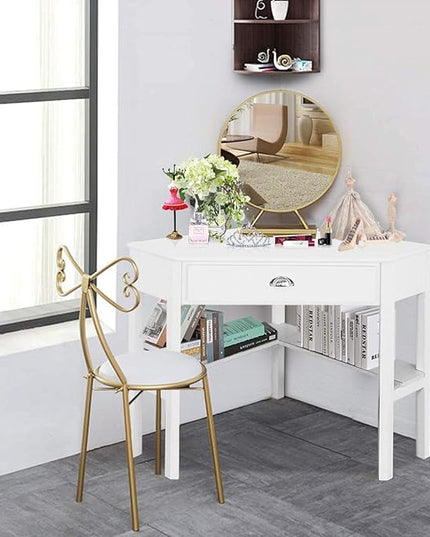 Nightcore Small, Wood Computer Desk, Compact Writing w/Drawer & Storage Shelves, Space Saving Study Workstation, Laptop PC Corner Table, White - LeafyLoom