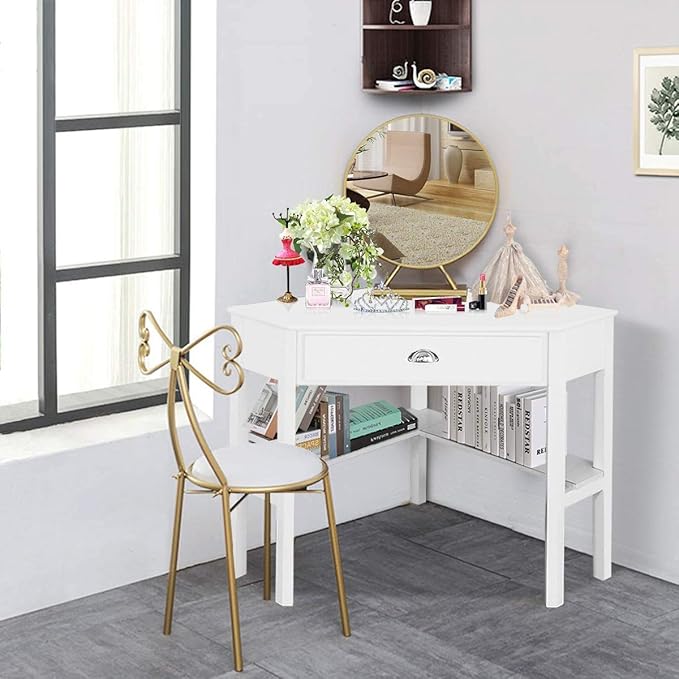 Nightcore Small, Wood Computer Desk, Compact Writing w/Drawer & Storage Shelves, Space Saving Study Workstation, Laptop PC Corner Table, White - LeafyLoom
