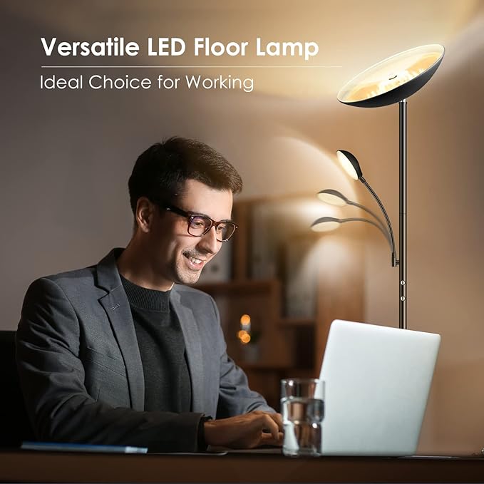 BoostArea Floor Lamp, LED 20W/2000LM Bright Torchiere Floor Lamp with 5W Adjustable Reading Lamp, Stepless Dimmable Standing Lamp, 2 Rotary Switch, Modern Floor Lamps for Living Room, Bedroom, Office - LeafyLoom