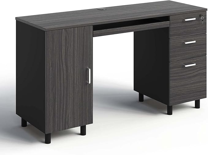Modern Design By Crafts & comfort Venice Computer Desk - Office Desk with 3 Drawers & CPU Storage Cabinet - Laptop Workstation with Keyboard Tray & Cable Hole - Home & Office Supplies -Slate/Black - LeafyLoom