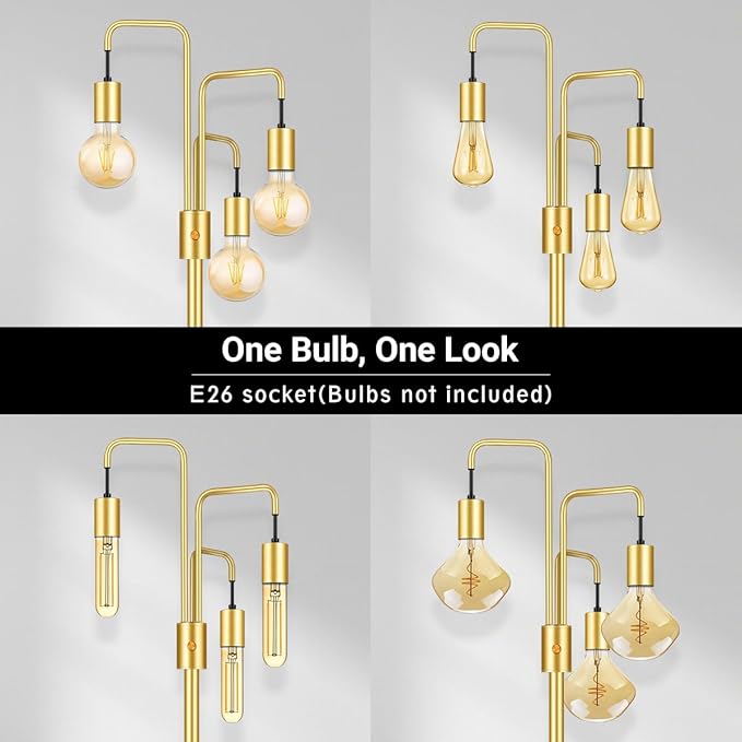 BoostArea Industrial Floor Lamp for Living Room,Gold Modern Standing Lamp Stand Up Lamp with 3 Light, Bulbs Not Included,Simple Design Floor Lamp for Bedroom, Living Room, Office, Kids Room, Reading - LeafyLoom