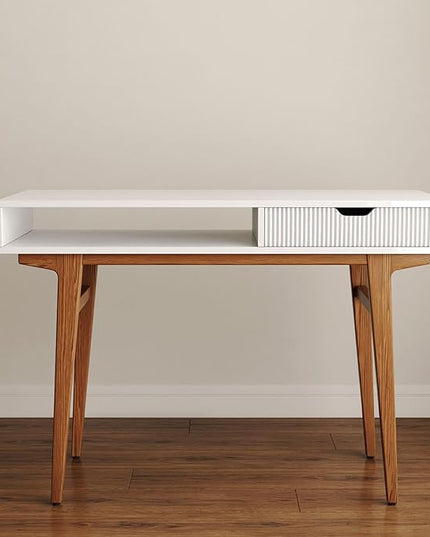 White Computer Desk with Drawers - 45 inch Minimalist Small Solid Wood Mid-Century Modern Office Desk for Home - Boho Style Writing Table with Open Storage,Light Wooden Desk Workspace - LeafyLoom