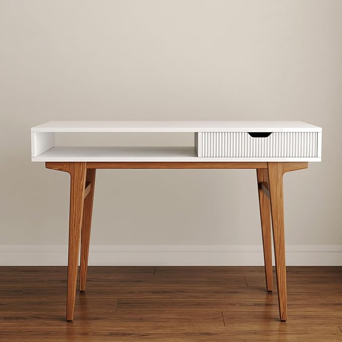 White Computer Desk with Drawers - 45 inch Minimalist Small Solid Wood Mid-Century Modern Office Desk for Home - Boho Style Writing Table with Open Storage,Light Wooden Desk Workspace - LeafyLoom