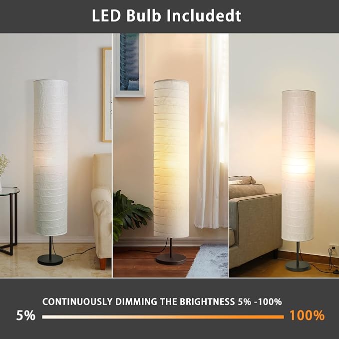 Modern Floor Lamp, Dimmable 3 Levels Brightness Paper Tall Lamp Standing Lamps with Lampshade, 55'' Minimalist Floor Lamps for Office, Kids Room, Reading, Home Decor (White) - LeafyLoom