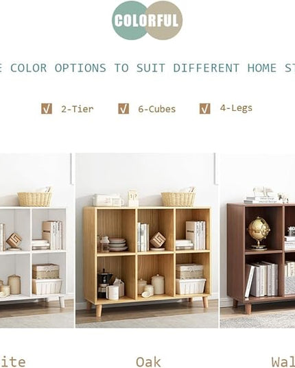 IOTXY Freestanding Open Cubes Bookcase - 2-Tier Floor Standing Wooden Storage Display Cabinet Organizer with Legs for Home Office, 6-Cubes Open Shelf Low Short Bookshelf, Oak - LeafyLoom
