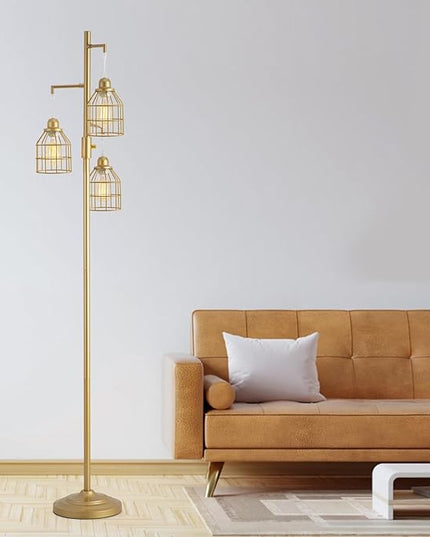 9MMML Golden Dimmable Floor Lamp,Industrial Gold Farmhouse Tall Standing Lamp for Living Room, Bedroom Office,3 Teardrop Cage Lampshade,3 LED Bulbs Inculded, 68'' Tall - LeafyLoom