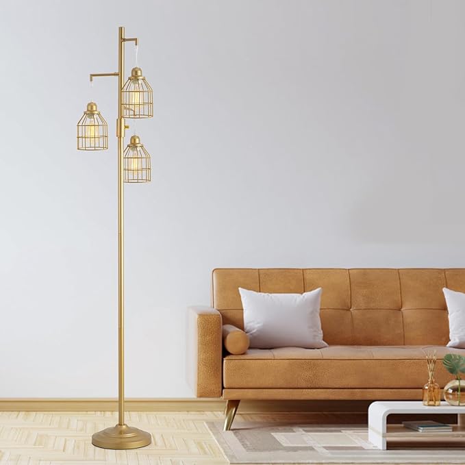 9MMML Golden Dimmable Floor Lamp,Industrial Gold Farmhouse Tall Standing Lamp for Living Room, Bedroom Office,3 Teardrop Cage Lampshade,3 LED Bulbs Inculded, 68'' Tall - LeafyLoom