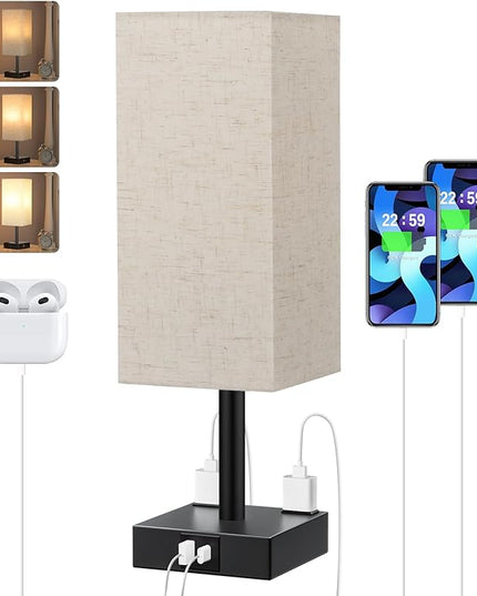 Touch Bedside Table Lamp For Nightstand - 3-Way Dimmable Night Lamp with USB A + Type C Charging Ports and two AC Outlets, Small Desk Light with E26 LED Bulb for Bedroom Living Room Dorm, BEIGE - LeafyLoom