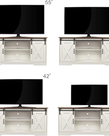 TV Stand with 2 Sliding Barn Doors, 59 Inch Television Stands with Adjustable Shelves for TVs Up to 65", Entertainment Center with Storage for Living Room, Distressed White - LeafyLoom