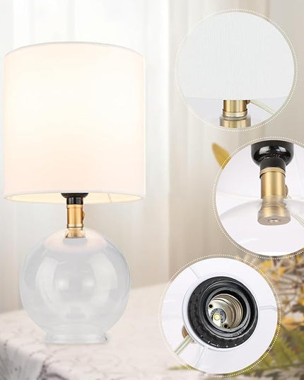 Small Table Lamp for Bedroom Glass Bedside Lamps for Nightstand, Minimalist Night Stand Light Lamp with Cylindric Fabric Shade, Desk Decor Lamp for Kids Room Living Room Office Dorm - LeafyLoom