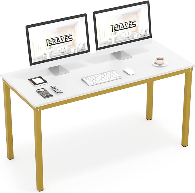Teraves Computer Desk/Dining Table Office Desk Sturdy Writing Workstation for Home Office(47.24”, White+Golden Frame) - LeafyLoom