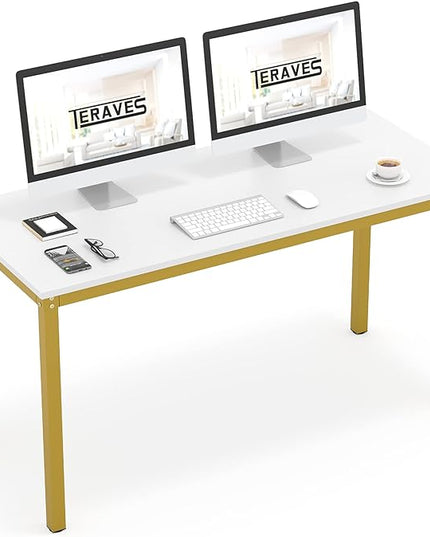 Teraves Computer desk/Dining Table Office Desk Sturdy Writing Workstation for Home Office (55.11“, White+Golden Frame) - LeafyLoom