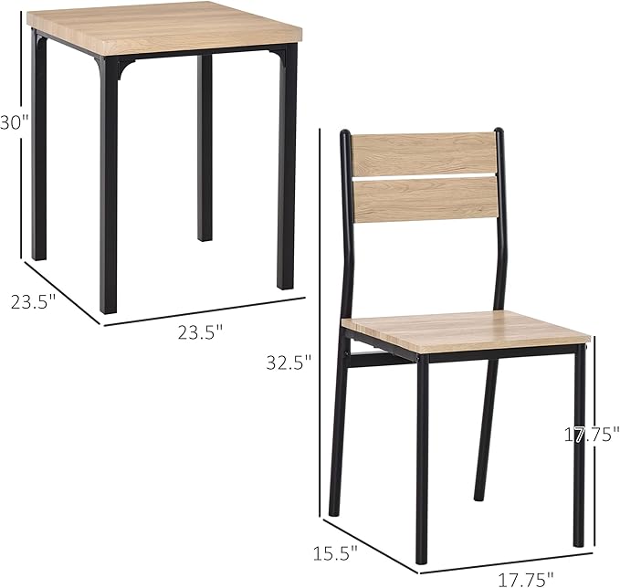 HOMCOM 3 Piece Dining Table Set for 2, Modern Kitchen Table and Chairs, Dining Room Set for Breakfast Nook, Small Space, Apartment, Space Saving, Light Wood Grain - LeafyLoom
