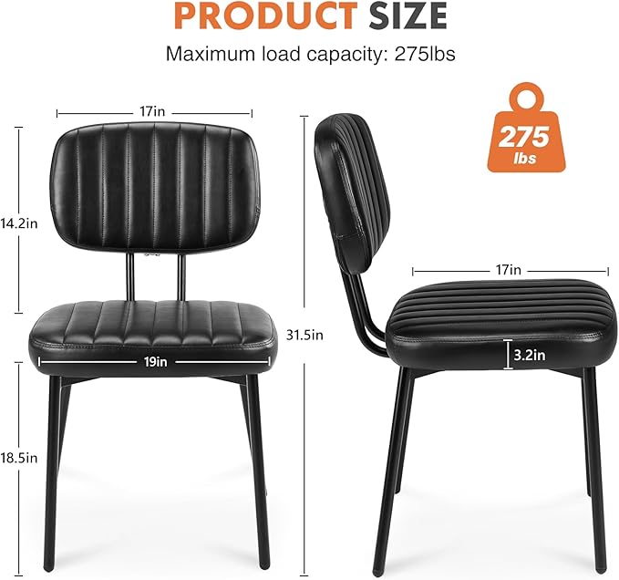 Sweetcrispy Dining Chairs Set of 6, Upholstered Mid Century Modern Kitchen Dining Room Accent Chairs with Faux Leather Cushion Seat & Metal Legs for Kitchen, Living Room - Black - LeafyLoom