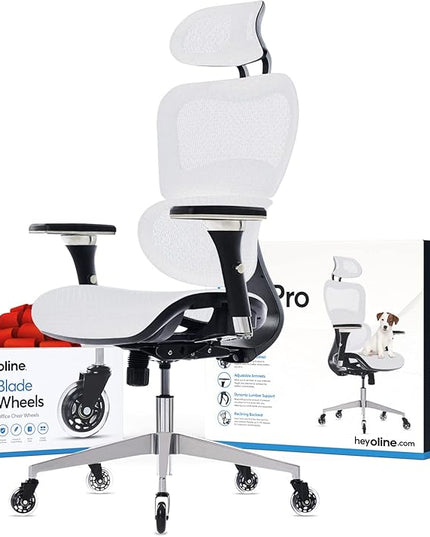 Oline ErgoPro Ergonomic Office Chair - Rolling Desk Chair with 4D Adjustable Armrest, 3D Lumbar Support and Blade Wheels - Mesh Computer Chair, Gaming Chairs, Executive Swivel Chair (White) - LeafyLoom