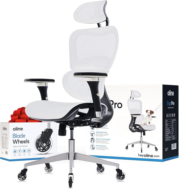 Oline ErgoPro Ergonomic Office Chair - Rolling Desk Chair with 4D Adjustable Armrest, 3D Lumbar Support and Blade Wheels - Mesh Computer Chair, Gaming Chairs, Executive Swivel Chair (White) - LeafyLoom