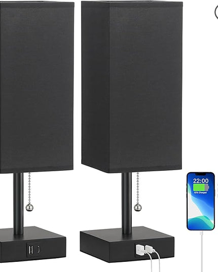 aooshine Table Lamps Set of 2 - Black, USB A and USB C Charging, Pull Chain Control, Bulb NOT Included, Small - LeafyLoom
