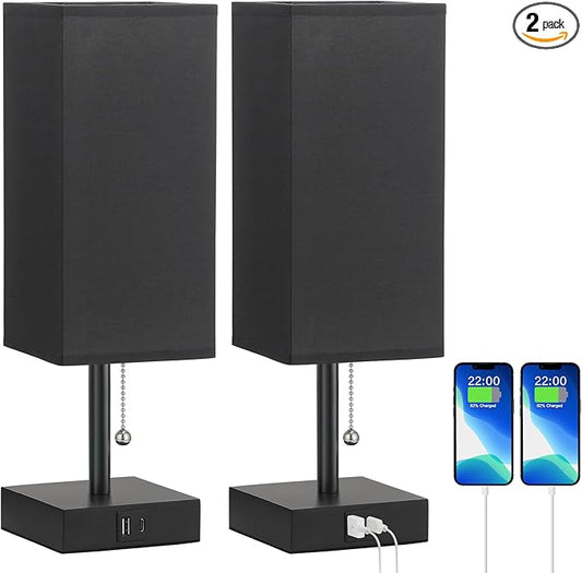 aooshine Table Lamps Set of 2 - Black, USB A and USB C Charging, Pull Chain Control, Bulb NOT Included, Small - LeafyLoom