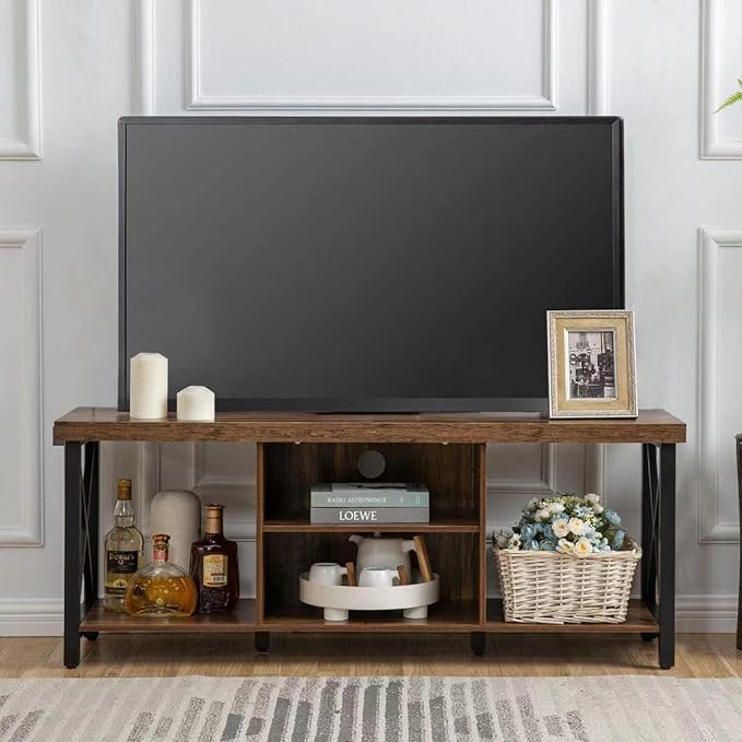 GAZHOME TV Stand for TV up to 55 Inches, TV Cabinet with Open Storage, TV Console Unit with Shelving for Living Room, Entertainment Room, Rustic Brown - LeafyLoom