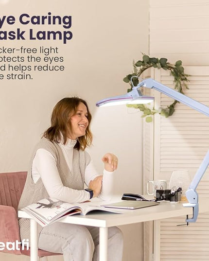 Neatfi Elite HD XL Task Lamp, 3 Light Modes, 90PCS SMD LED, Super Bright Desk Lamp, Eye-Caring LED Lamp, Non-Polar Dimming, Adjustable Brightness Levels (CCT with Clamp, Pink Ring, 17 Inches) - LeafyLoom