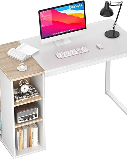Coavas Computer Desk with Storage, Home Office Desk with Adjustable Shelves, Simple Style Writing Study Desk with Metal Frame, Modern Design PC Laptop Desk, 47 inch, White and Oak - LeafyLoom