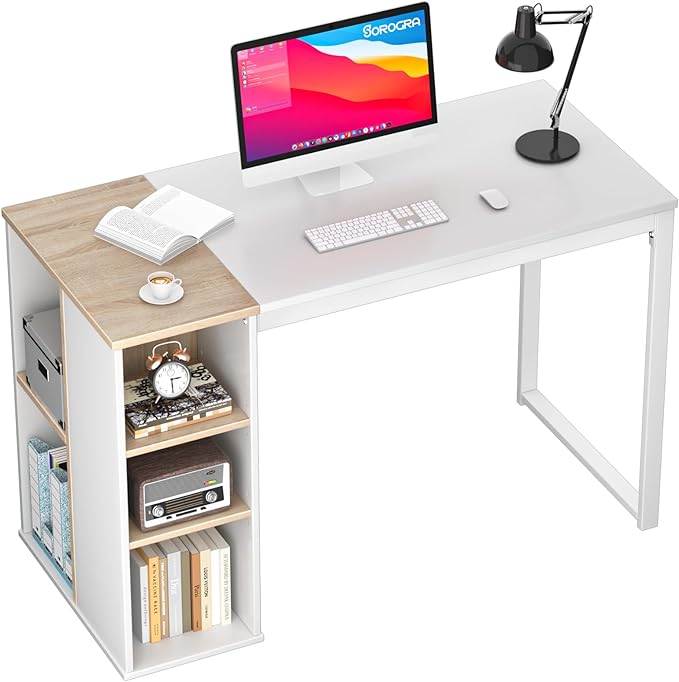 Coavas Computer Desk with Storage, Home Office Desk with Adjustable Shelves, Simple Style Writing Study Desk with Metal Frame, Modern Design PC Laptop Desk, 47 inch, White and Oak - LeafyLoom