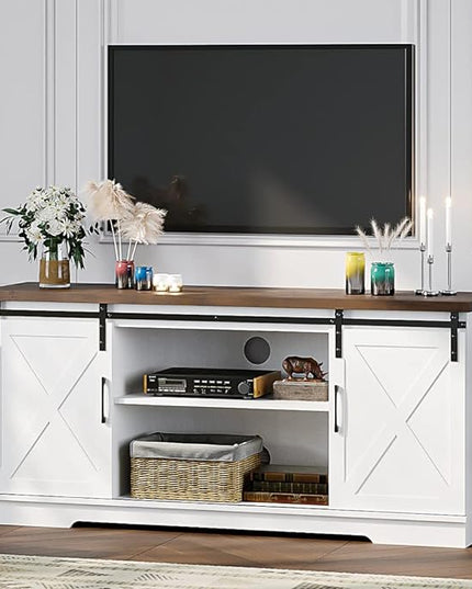 IDEALHOUSE Farmhouse TV Stand for 65 Inch TV Entertainment Center TV Media Console Table, Barn Door TV Stand with Storage and Shelves, Tall Modern TV Console Table Furniture for Living Room (White) - LeafyLoom