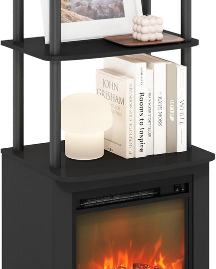 Furinno Turn-N-Tube 2-Tier Tall TV Entertainment Side Table Display Rack with Fireplace Insert, Americano/Black - LeafyLoom