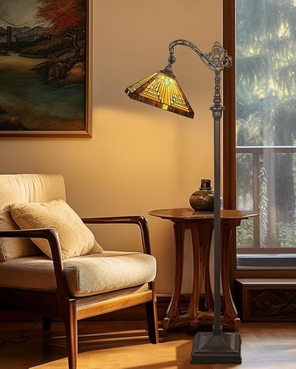 Capulina Tiffany Floor Lamp H62 Tall Antique Mission Style Stained Glass Soft Light Arched Gooseneck Adjustable Angle Reading Lamp for Living Room Bedroom - LeafyLoom