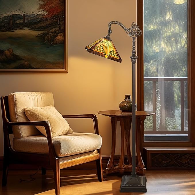 Capulina Tiffany Floor Lamp H62 Tall Antique Mission Style Stained Glass Soft Light Arched Gooseneck Adjustable Angle Reading Lamp for Living Room Bedroom - LeafyLoom