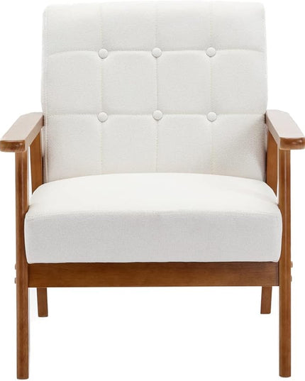 Mid-Century Accent, Modern Single Armchair, Upholstered Leisure Lounge Chair wth Solid Wood Armrest and Feet for Living Room, Bedroom, Office, Beige - LeafyLoom
