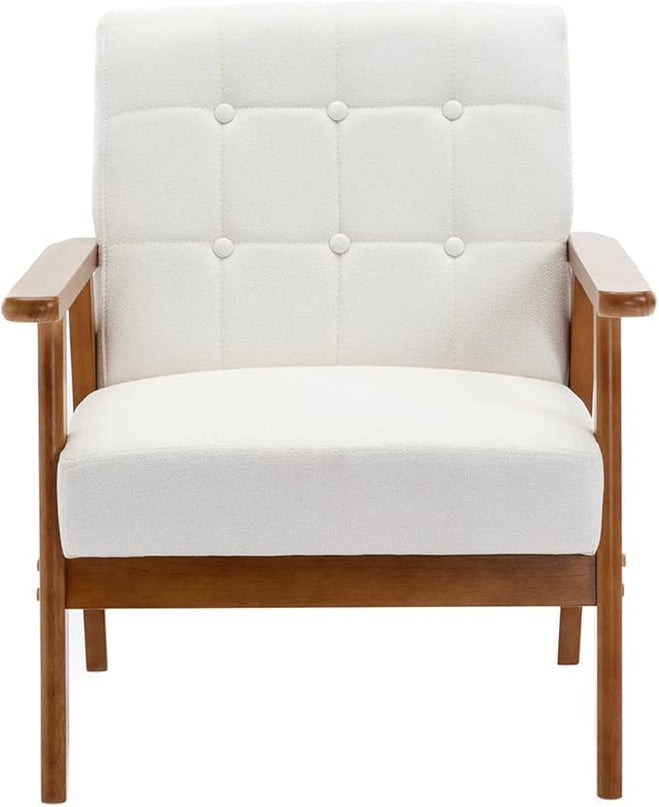 Mid-Century Accent, Modern Single Armchair, Upholstered Leisure Lounge Chair wth Solid Wood Armrest and Feet for Living Room, Bedroom, Office, Beige - LeafyLoom