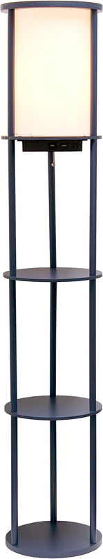 Simple Designs LF2010-NAV 62.5" Round Modern Shelf Etagere Organizer Storage Floor Lamp with 2 USB Charging Ports, 1 Charging Outlet and Linen Shade for Living Room Bedroom Office, Navy - LeafyLoom