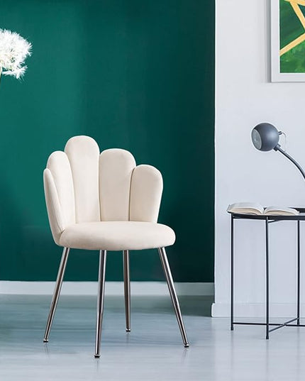 Vanity Chair for Makeup Room - Midcentury Modern Accent Chair for Living Room Bedroom, Velvet Chair with Back Support and Metal Legs (White) - LeafyLoom