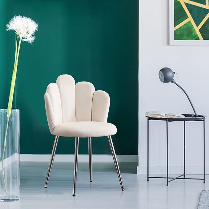 Vanity Chair for Makeup Room - Midcentury Modern Accent Chair for Living Room Bedroom, Velvet Chair with Back Support and Metal Legs (White) - LeafyLoom
