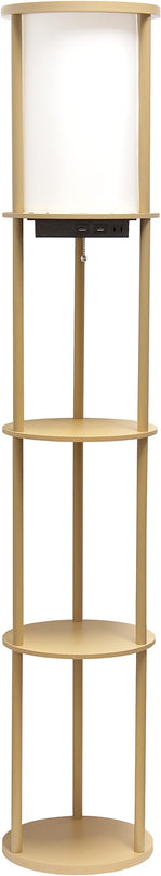 Simple Designs LF2010-TAN 62.5" Round Modern Shelf Etagere Organizer Storage Floor Lamp with 2 USB Charging Ports, 1 Charging Outlet and Linen Shade for Living Room Bedroom Office, Tan - LeafyLoom