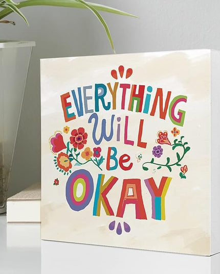 Ruvoty Everything Will Be Okay Colorful Word Art Wooden Sign Desk Decor,Inspirational Wood Block Sign Desk Decorations for Home Bedroom Dorm Office Desk Shelf Table Decor - LeafyLoom